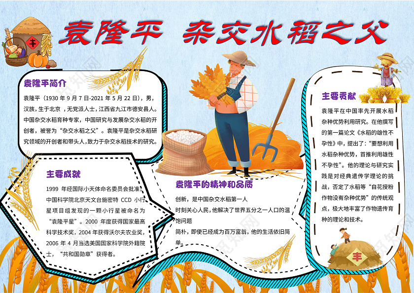 蓝色黄色卡通袁隆平杂交水稻之父小学生小报手抄报