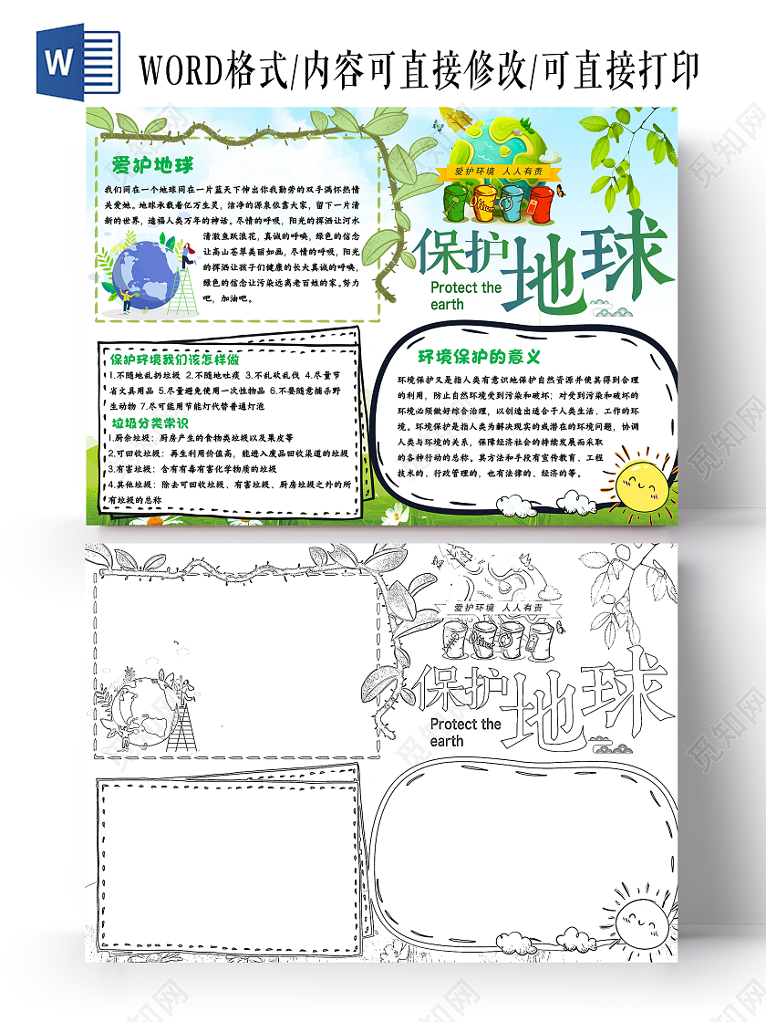 绿色卡通保护地球保护环境小报手抄报卡通小报手抄报