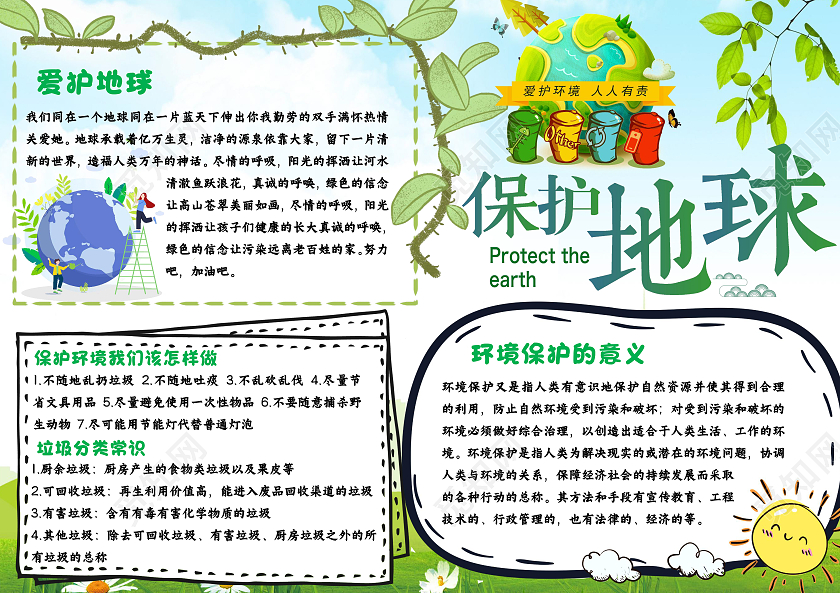 绿色卡通保护地球保护环境小报手抄报卡通小报手抄报