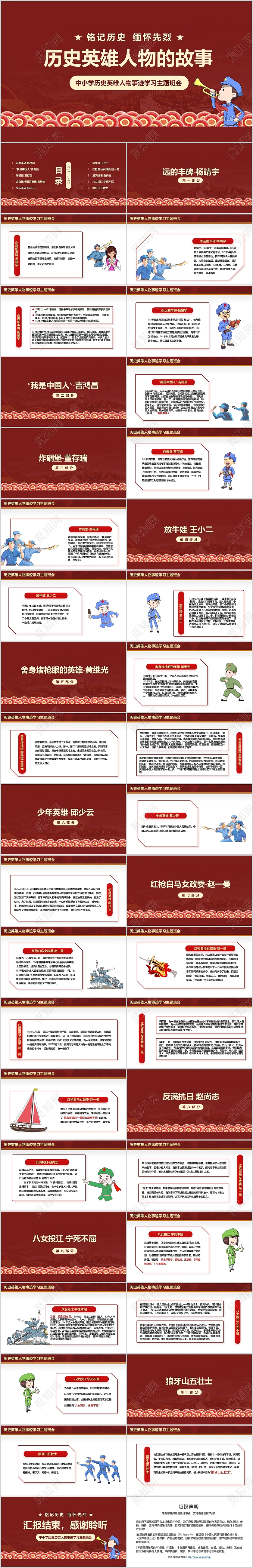 红色卡通风英雄人物历史英雄人物的故事PPT模板英雄人物事迹学习