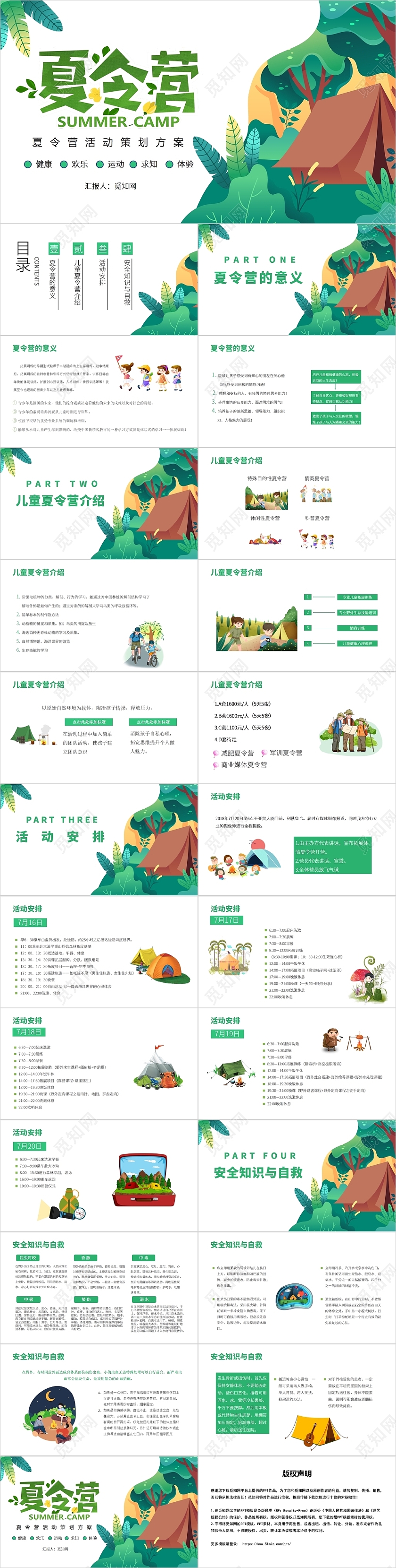 绿色简约风儿童夏令营活动策划方案PPT模板