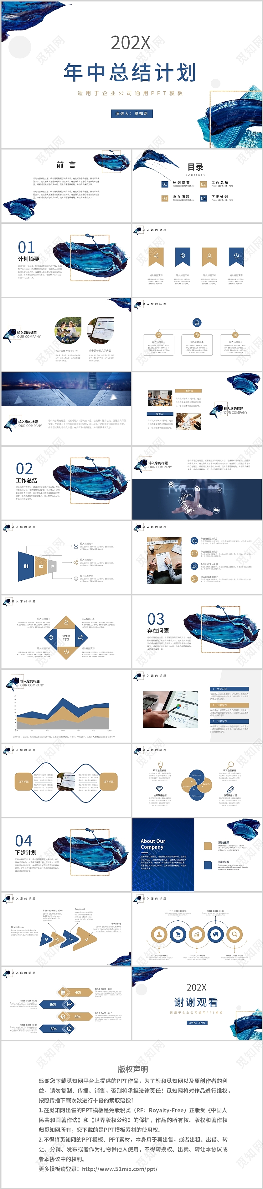 蓝金油画高端简约年中总结工作总结PPT模板年中工作总结计划