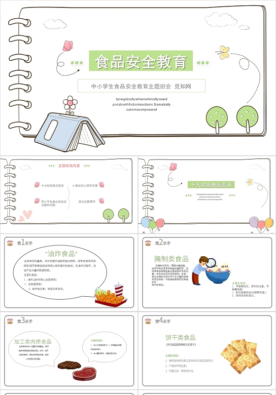 绿色简约风食品安全主题班会PPT模板学校食品安全