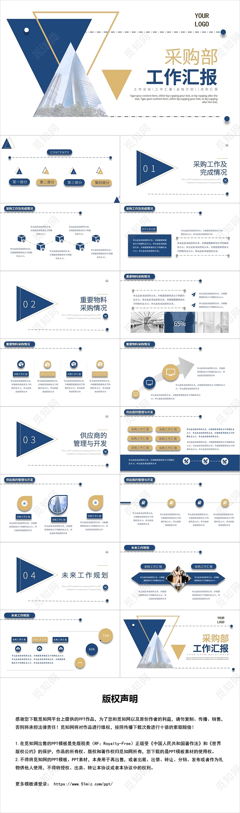 蓝色商务风采购部工作汇报PPT模板采购年中总结