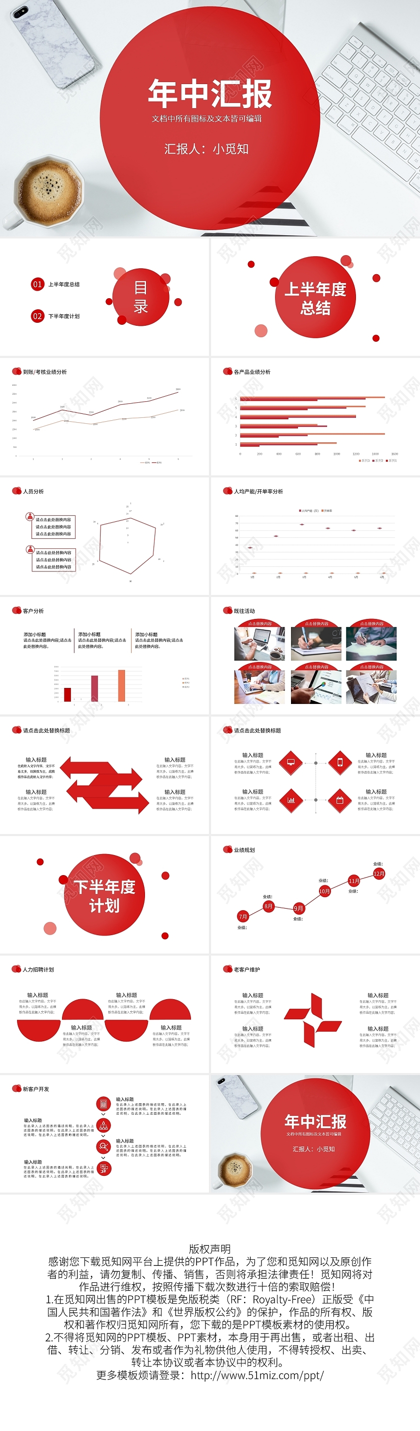 红色简约销售年中总结PPT模板宣传PPT动态PPT