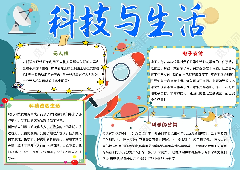 蓝色 简约 科技与生活 简约小报科技手抄报