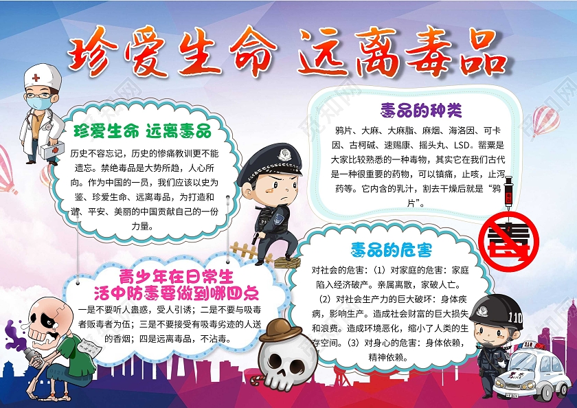 蓝紫色卡通珍爱生命远离毒品禁毒卡通小报手抄报