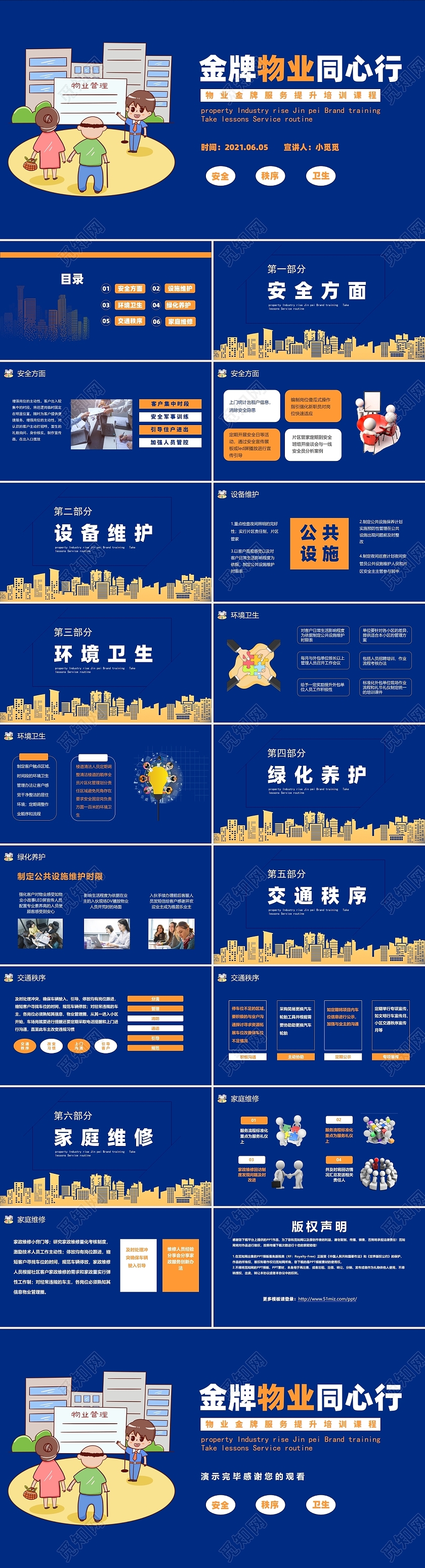 蓝色简约金牌物业同心行物业服务提升培训ppt模板