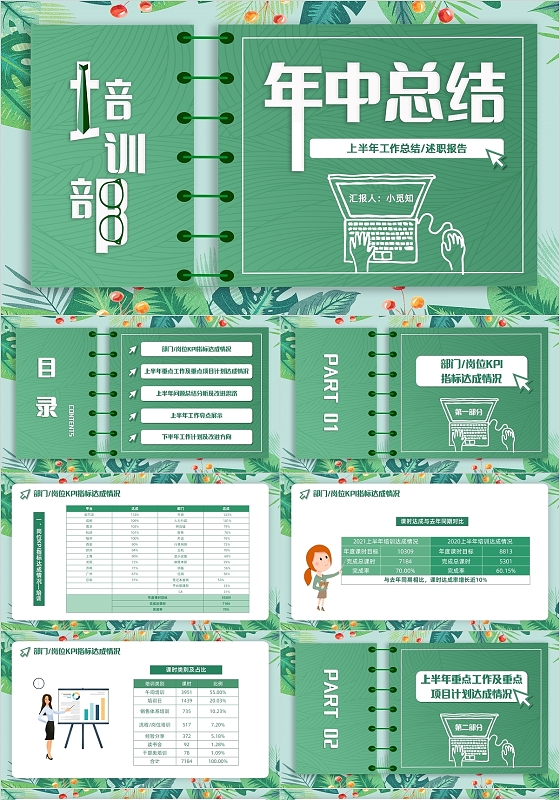 绿色清新卡通手绘培训部年中总结PPT模板