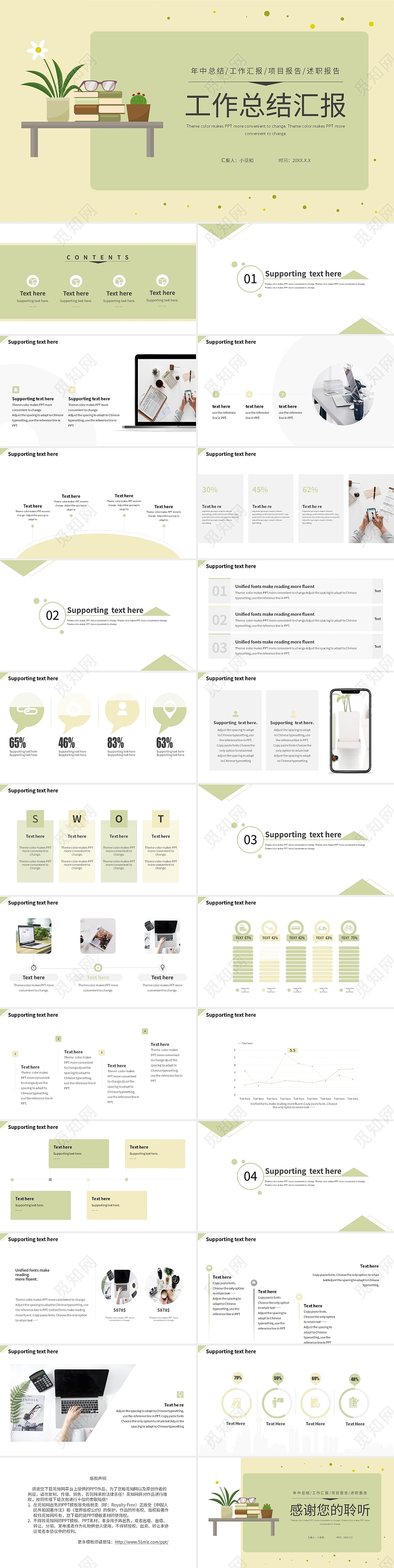 浅绿色简约小清新工作总结汇报PPT模板