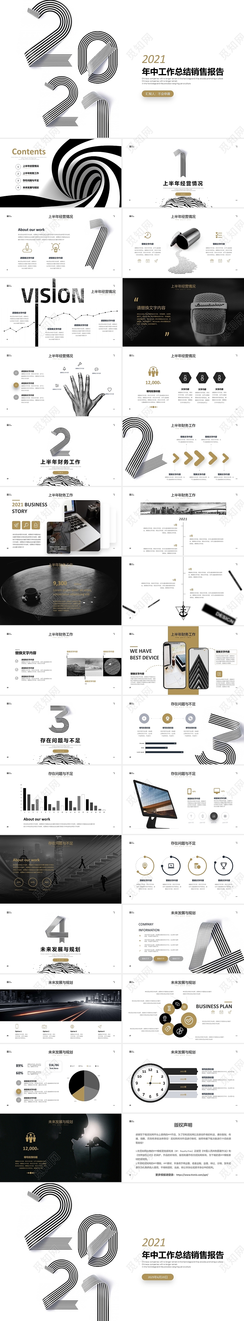 黑白极简2021公司年中工作总结销售业绩项目进展汇报PPT年中总结