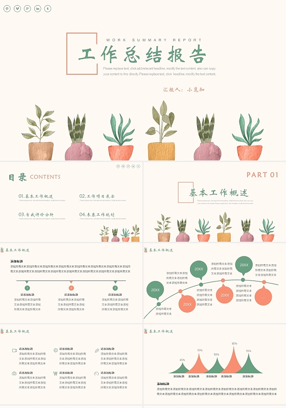 绿色简约小清新工作汇报工作总结报告PPT模板