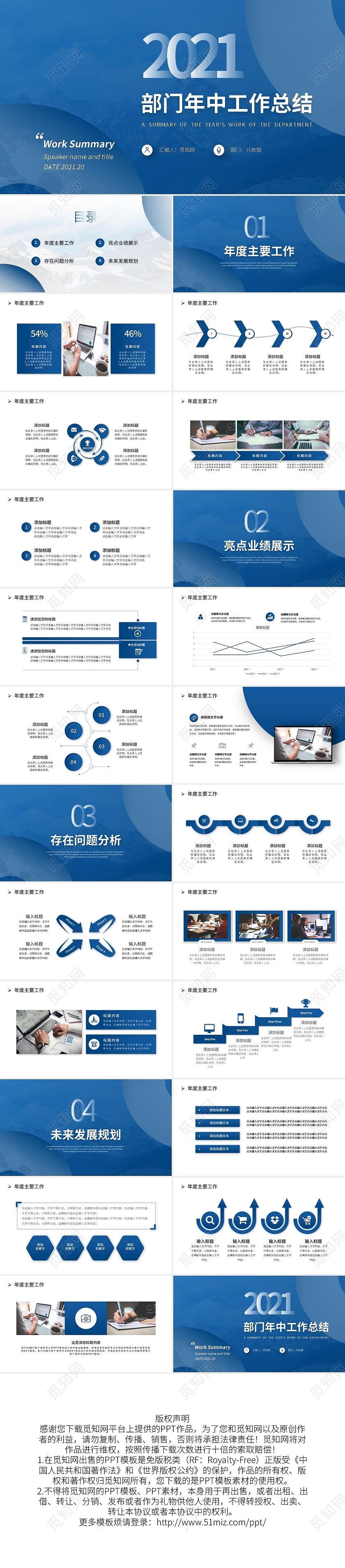 清爽蓝色商务部门年中工作总结PPT模板宣传PPT动态PPT