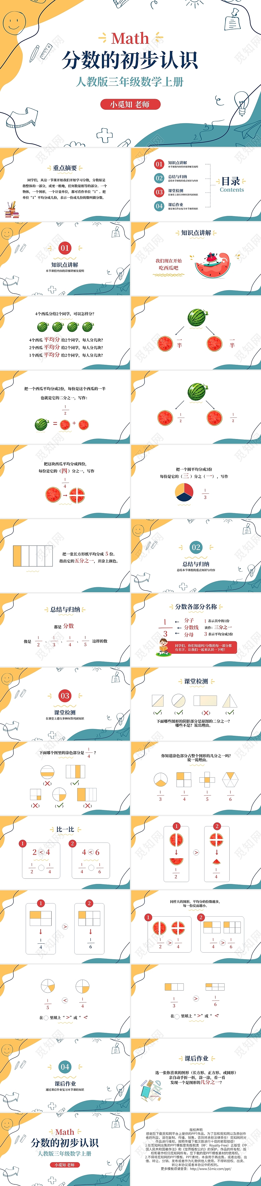 简约小清新说课小学数学课件分数的初步认识PPT模板宣传PPT动态PPT