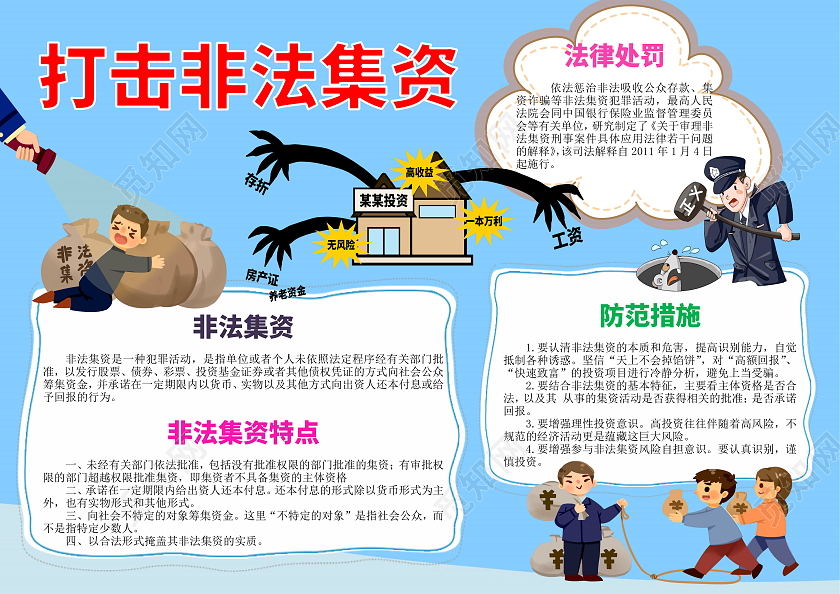 蓝色卡通打击非法集资小学生手抄报卡通小报手抄报