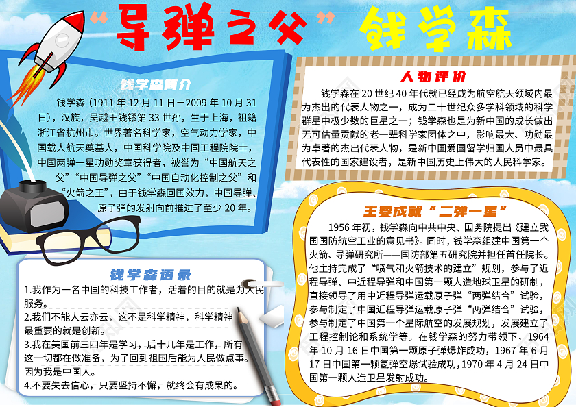 蓝色简约导弹之父钱学森小报手抄报科学家钱学森