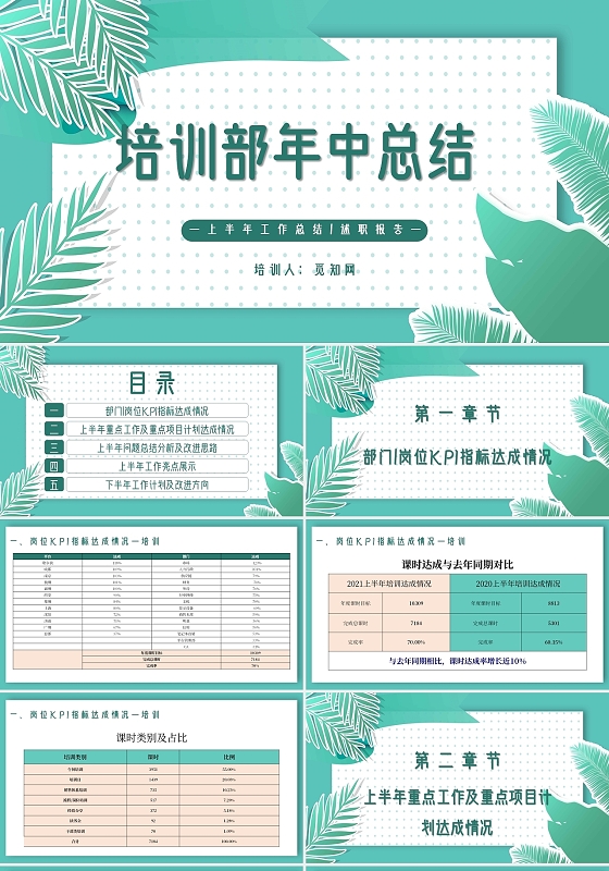 绿色小清新培训部年中总结主题PPT模板