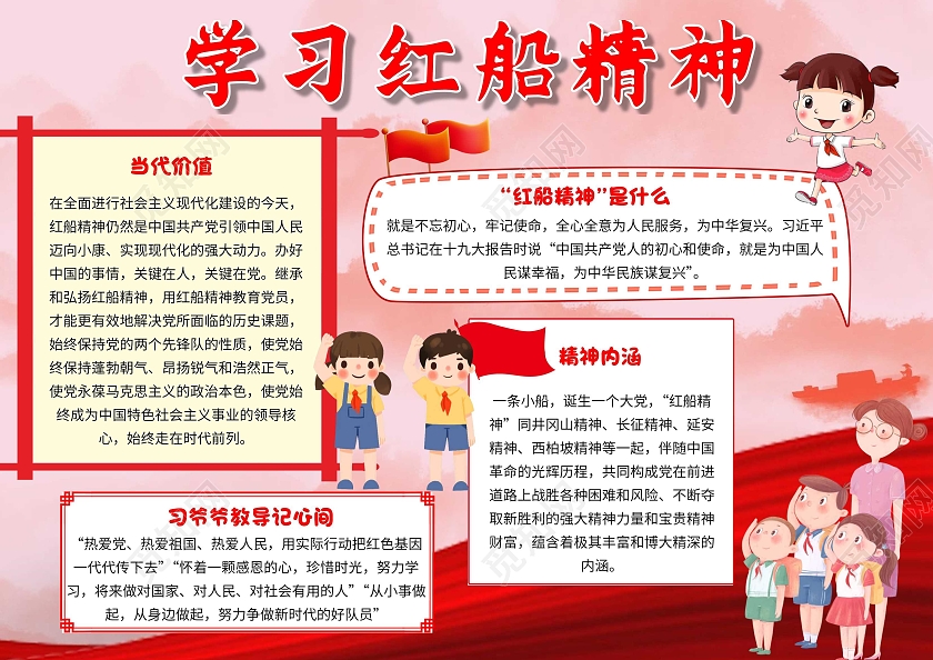 红色 卡通 学习红船精神 红船精神 卡通小报手抄报