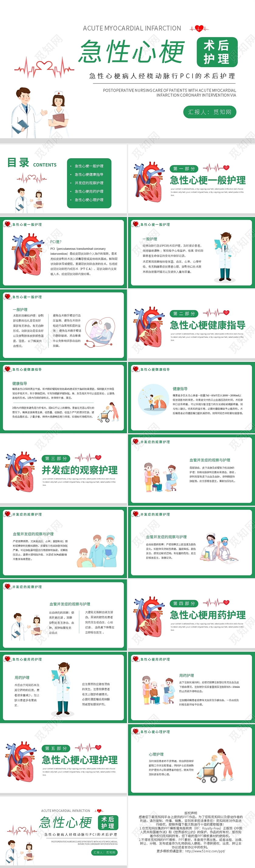 绿色简约急性心梗病人经桡动脉行PCI的术后护理PPT模板宣传PPT急性心梗术后护理培训