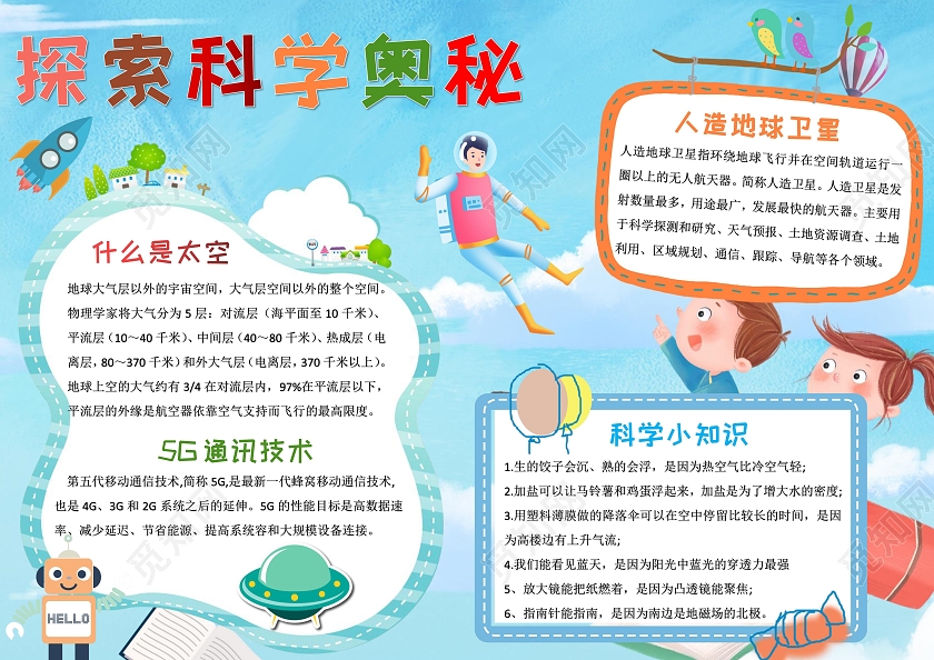 蓝色卡通探索科学奥秘科技小报手抄报卡通小报手抄报