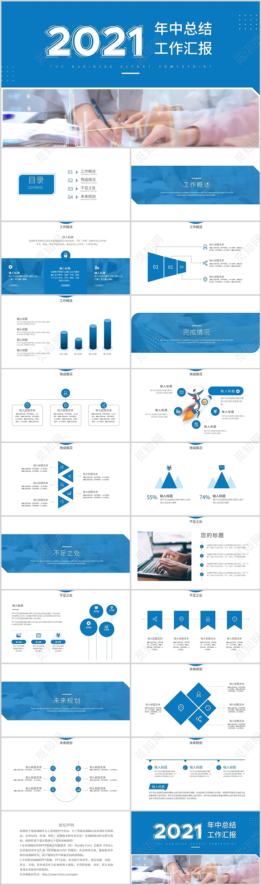蓝色通用简约商务年中总结工作汇报PPT模板年中工作总结