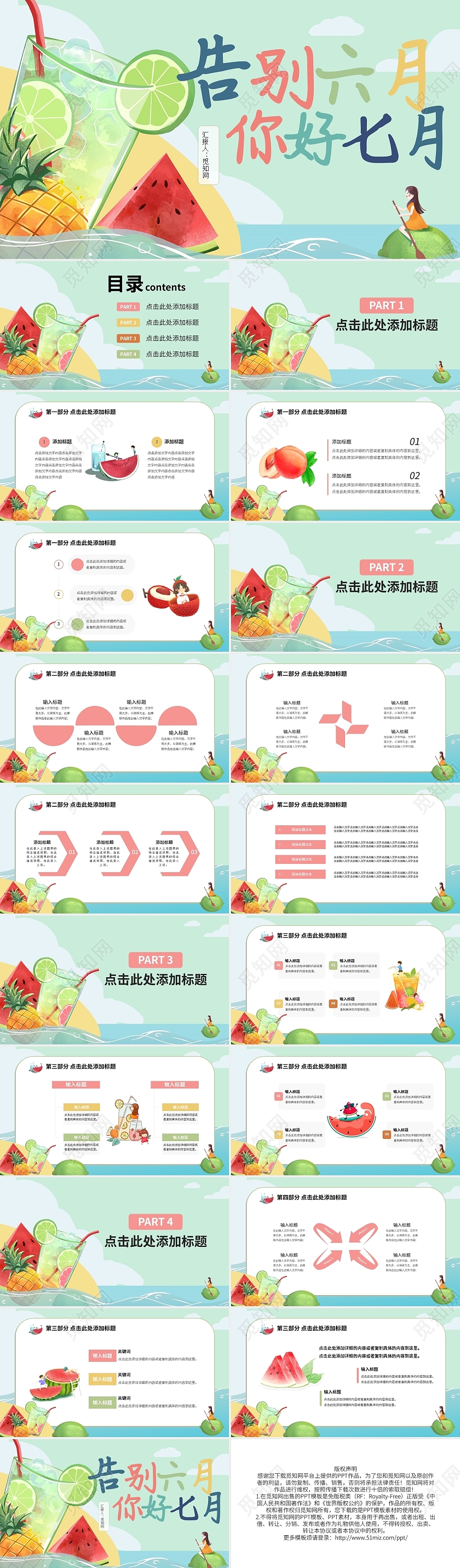 多彩创意你好七月水果风工作总结通用PPT模板宣传PPT动态七月你好