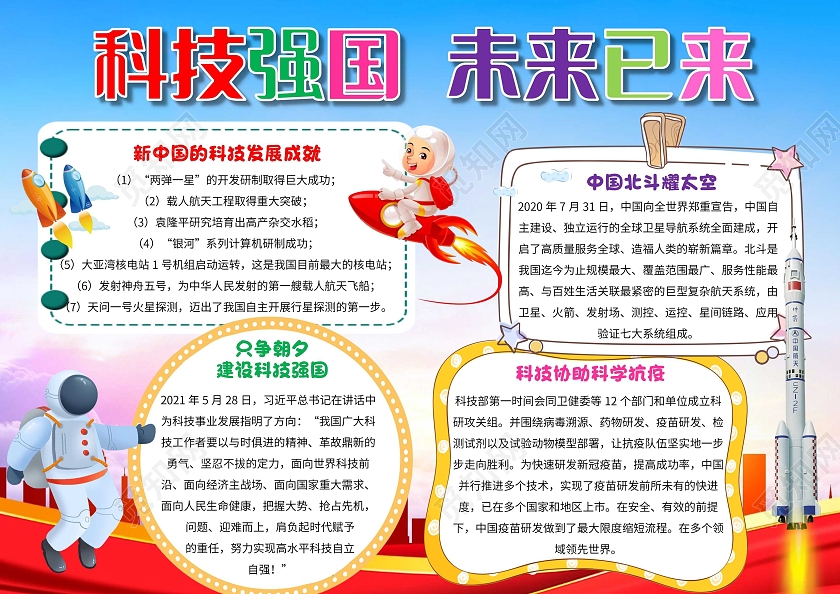 蓝色 卡通 科技强国未来已来 科技强国 卡通小报手抄报