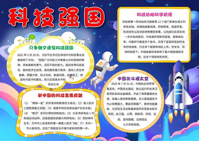 紫色 卡通 科技强国 卡通小报手抄报