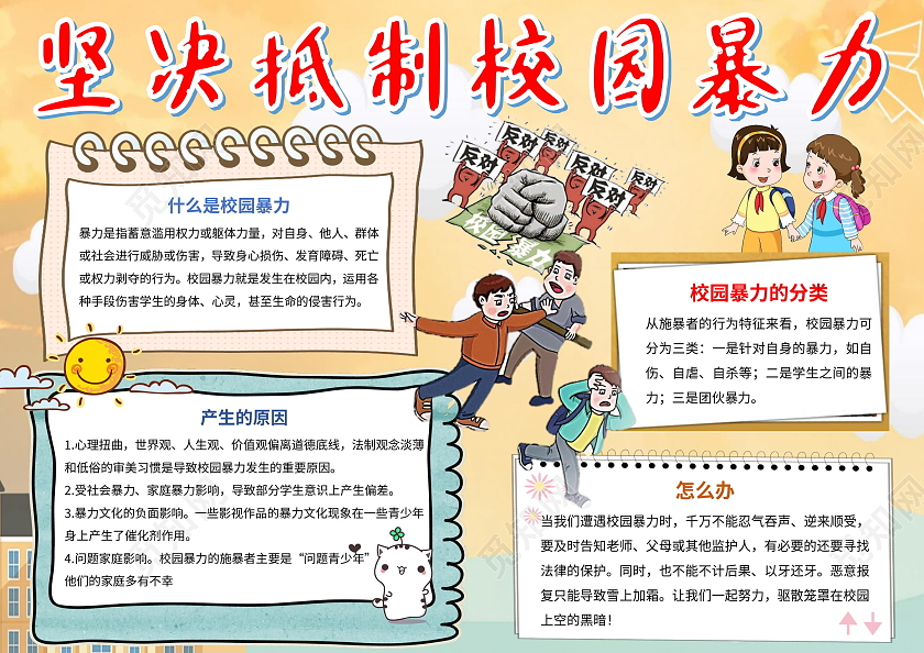 黄色卡通坚决抵制校园暴力抵制校园暴力卡通小报手抄报