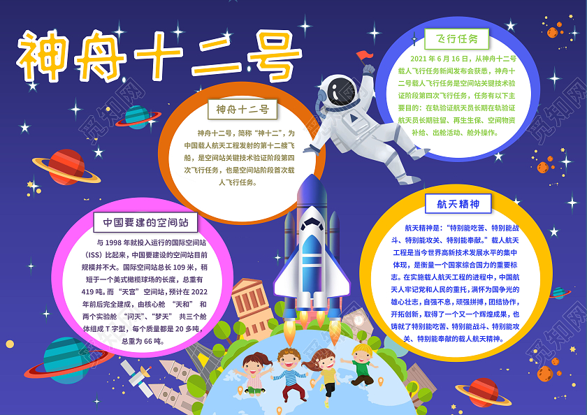 紫色卡通神舟十二号小学生手抄报