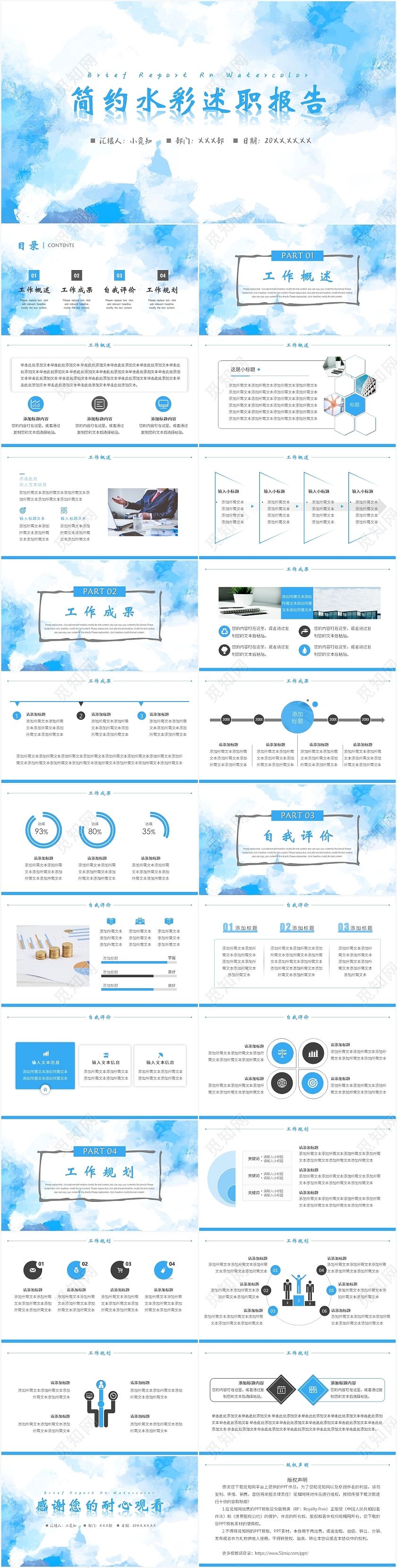 蓝色小清新水彩简约水彩述职报告PPT模板