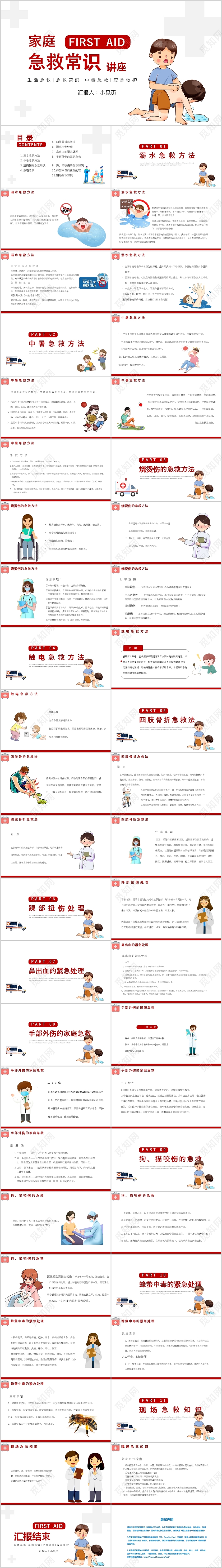 红色简约家庭急救知识培训PPT模板