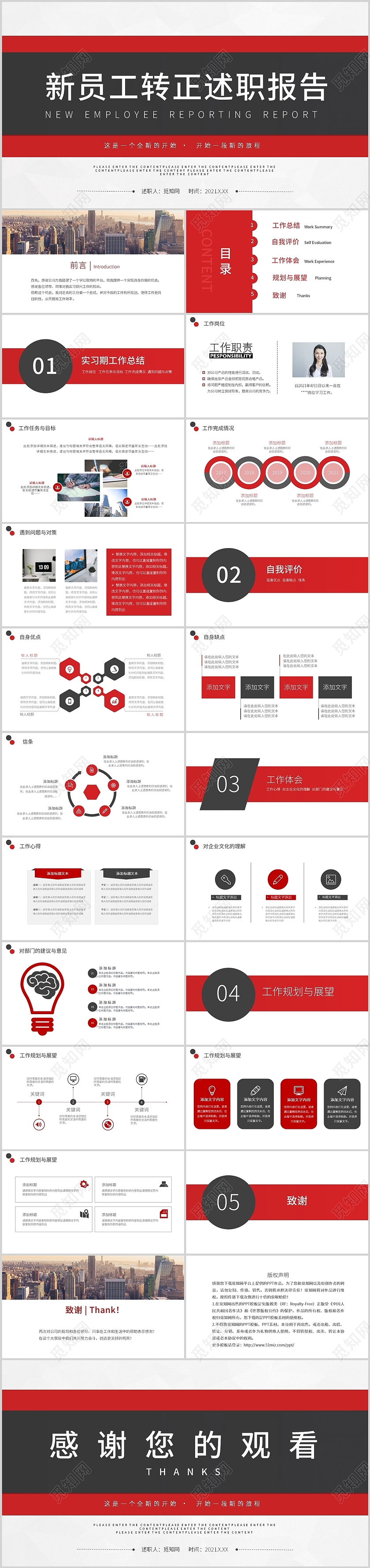 红色简约高端新员工转正述职报告PPT模板
