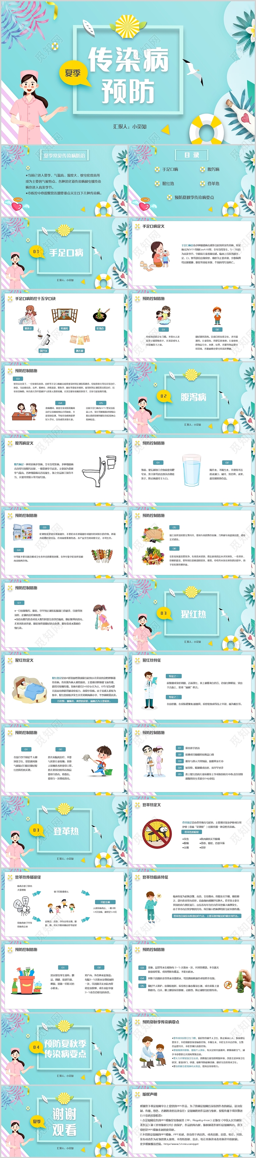 绿黄色活力卡通夏季传染病预防PPT模板