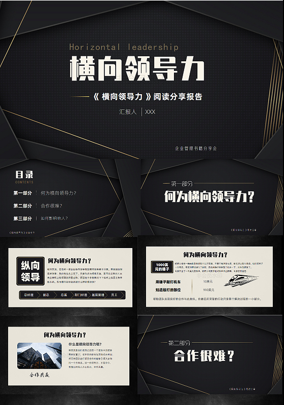 黑白商务大气横向领导力读书分享ppt模板