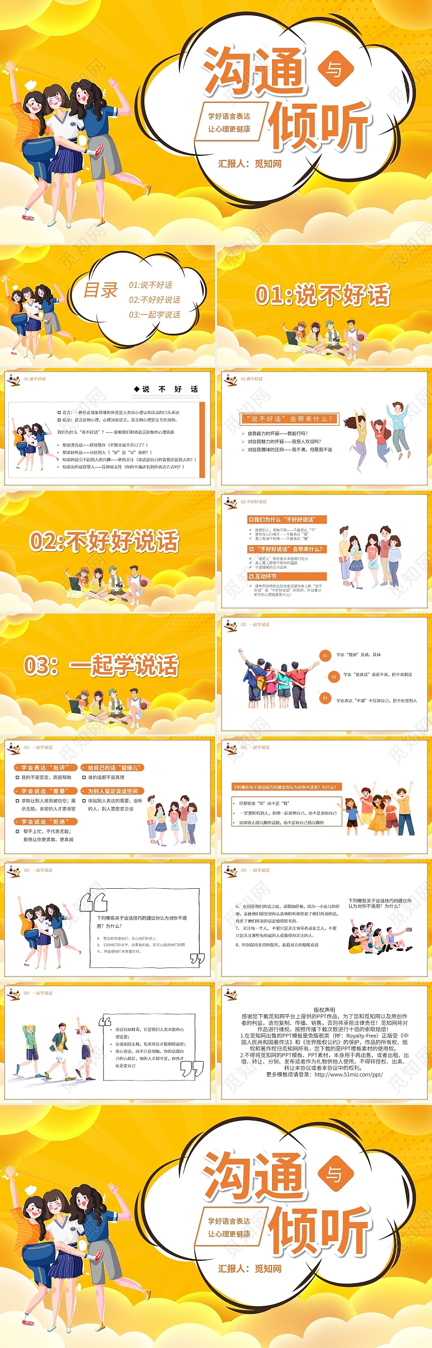 黄色沟通与倾听PPT模板宣传PPT动态PPT