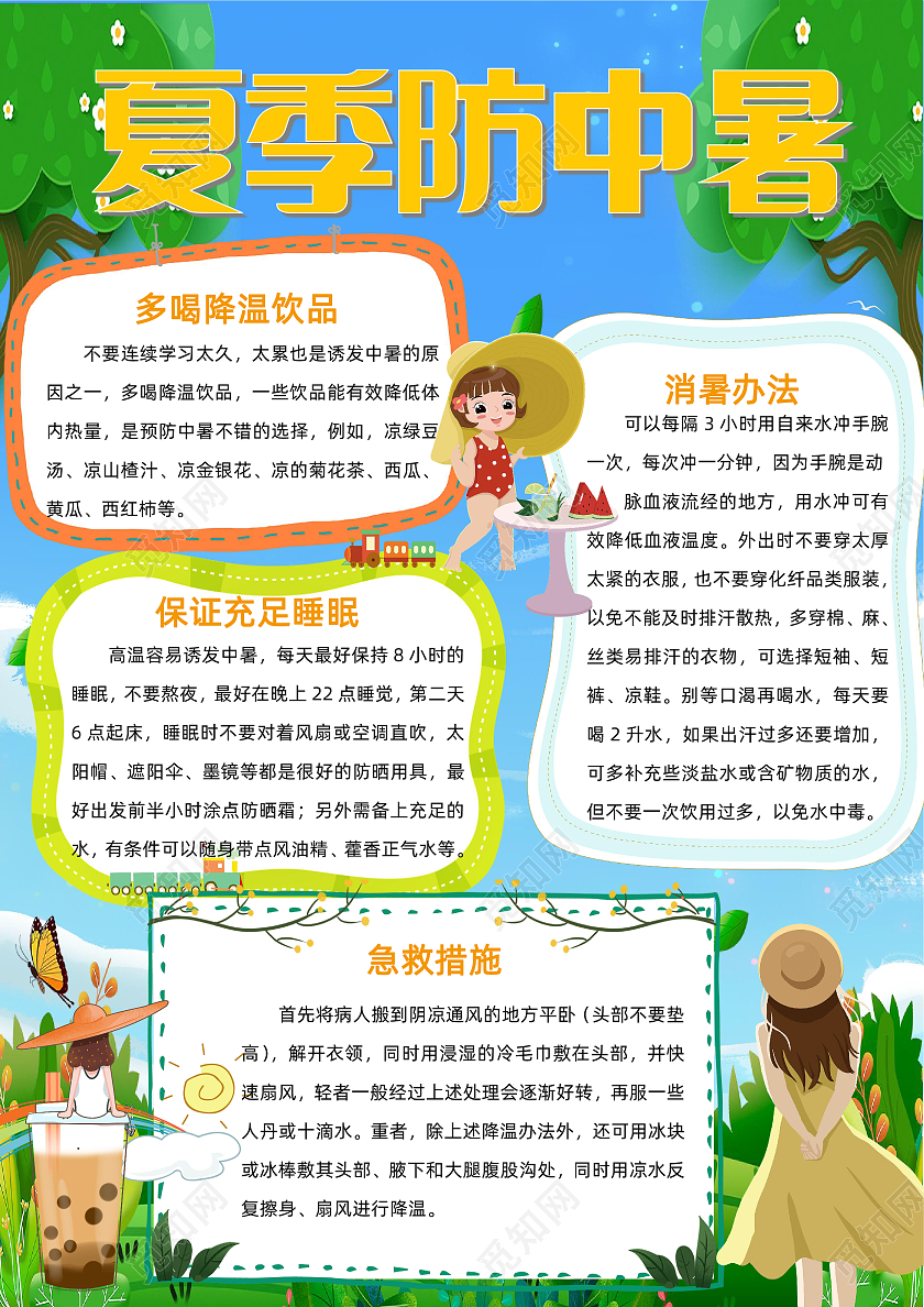 蓝色卡通夏季防中暑卡通小报手抄报