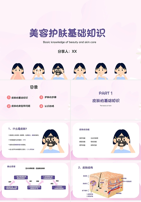 紫色粉色扁平风美容护肤基础知识PPT
