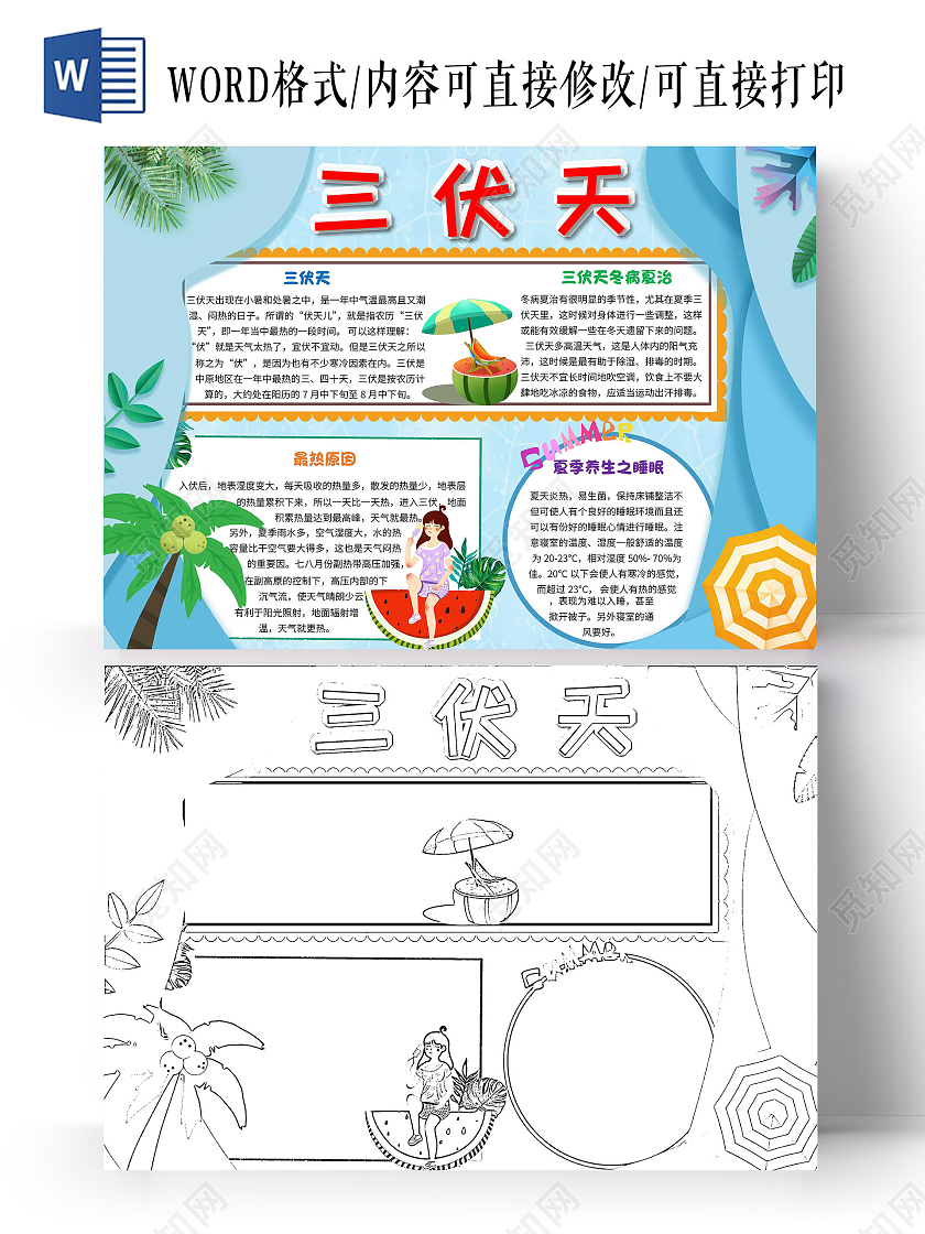 养生夏季夏天蓝色 卡通 三伏天 卡通小报手抄报