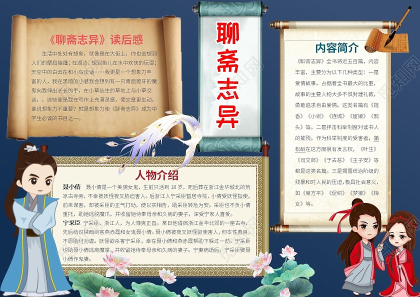 蓝色卡通聊斋志异小报聊斋志异读书阅读