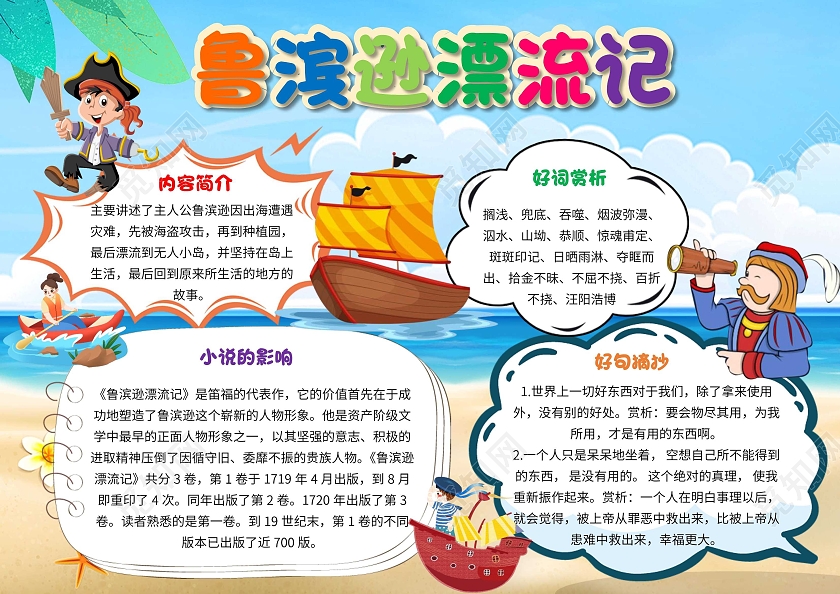 蓝色 卡通 鲁滨逊漂流记 卡通小报手抄报