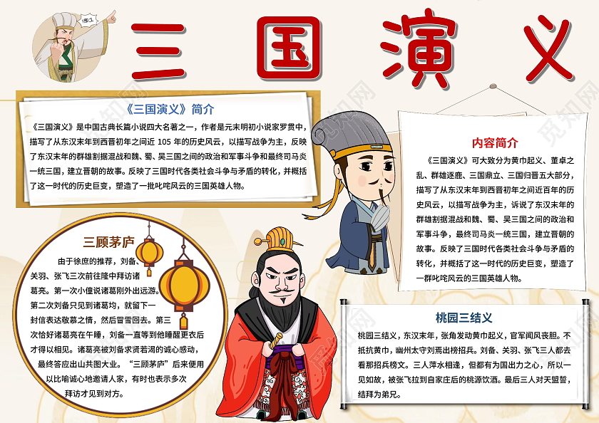四大名著浅棕色卡通三国演义卡通读书小报手抄报