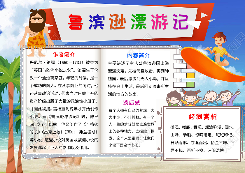 蓝色卡通鲁滨逊漂游记读书手抄报卡通小报手抄报鲁滨逊漂流记