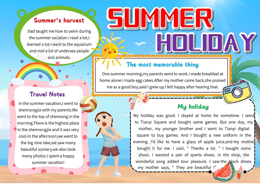 蓝色卡通Summerholiday英语暑假生活卡通小报手抄报