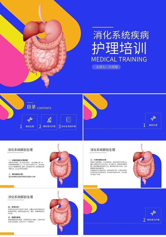 彩色医疗消化系统疾病病人护理培训PPT模板宣传PPT动态PPT