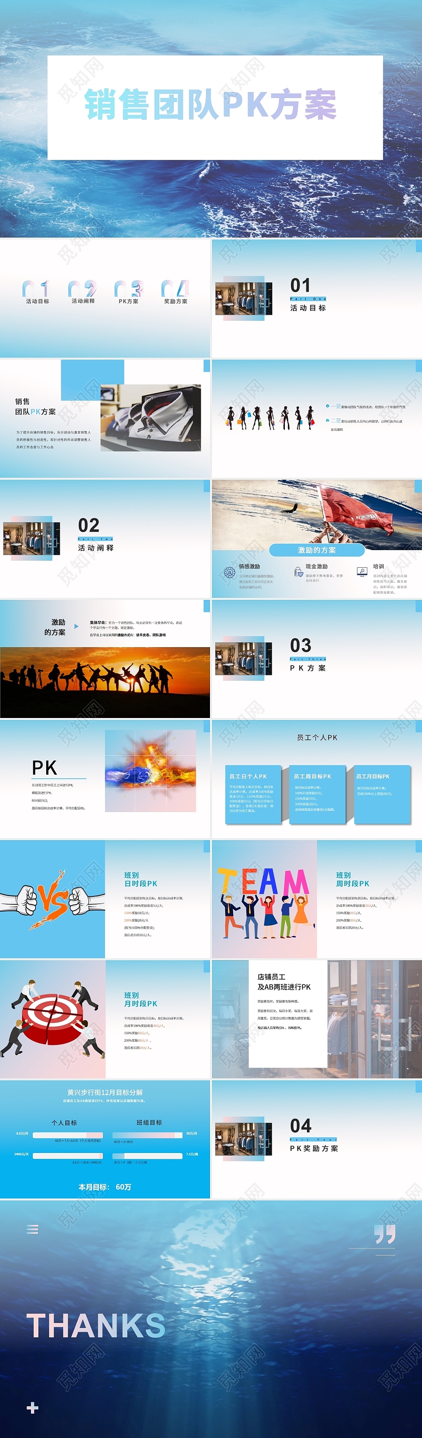 蓝色简约艺术渐变销售团队PK方案商务汇报PPT模板销售团队pk方案