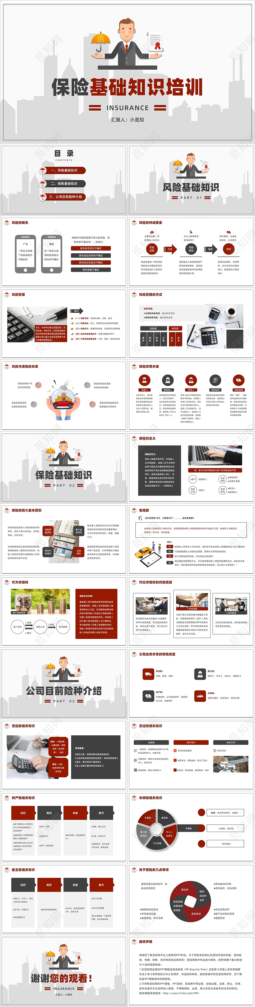 灰红色简约矢量卡通保险基础知识培训PPT模板