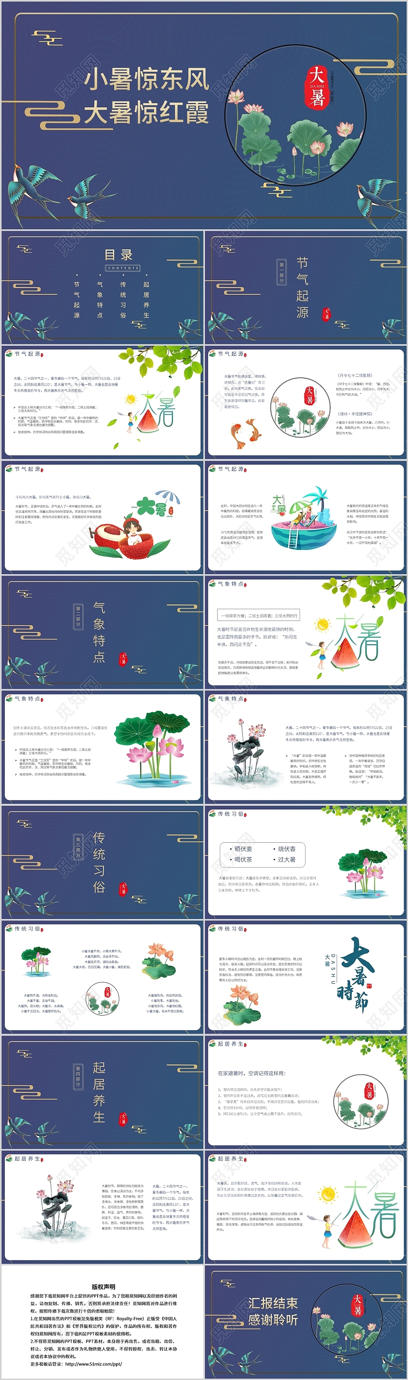 蓝色传统古风中国风二十四节气大暑介绍PPT模板