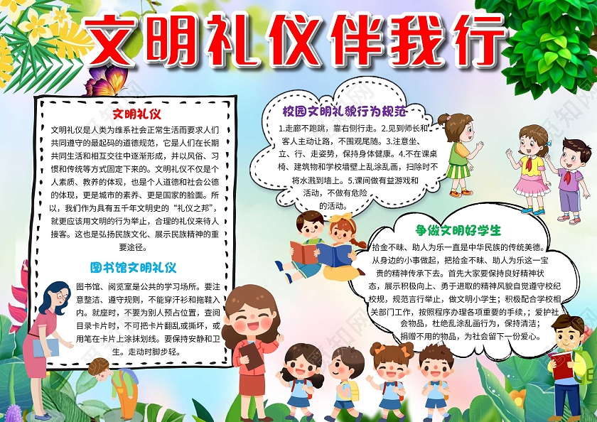 蓝色卡通文明礼仪伴我行文明友善卡通小报手抄报