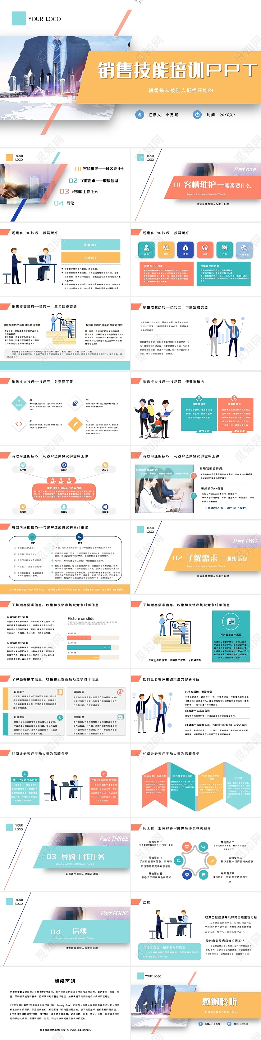 商务多彩企业销售技能培训团队销售个人销售技能培训PPT模板完整的销售流程演示